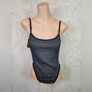 NWT Mapale Lingerie Womens Size M/L Bodysuit Semi Sheer Black Silver Shimmery U